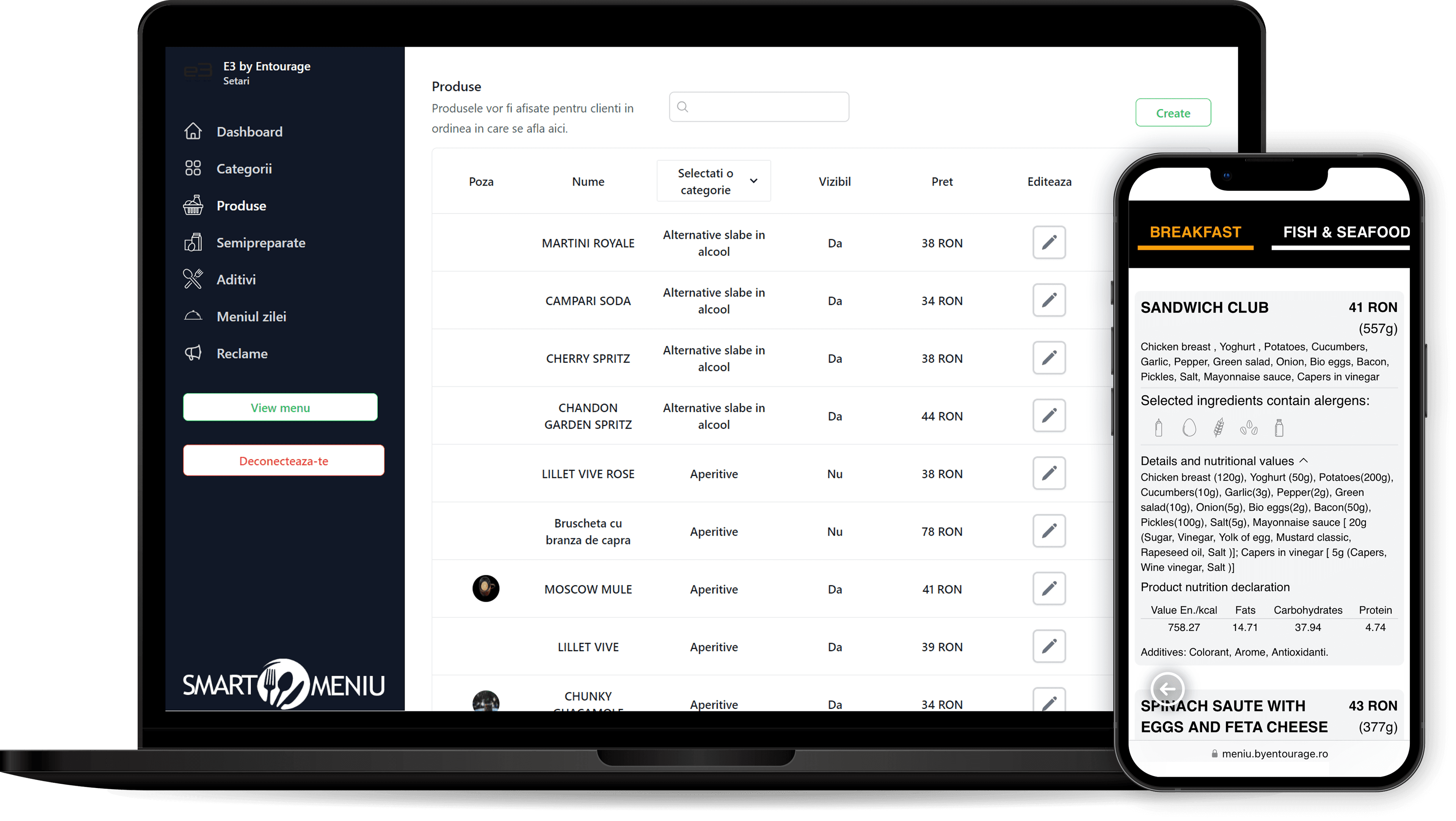 Dashboard Smart Meniu pe laptop și telefon